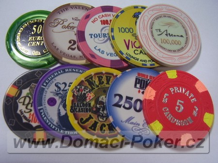 Poker žetony - ukázková sada 10-ti druhů keramických a perleťových žetonů
